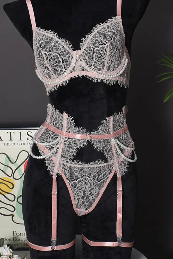 Elegant Lace and Pearl Lingerie Set with Garter Belt Lingerie Diva