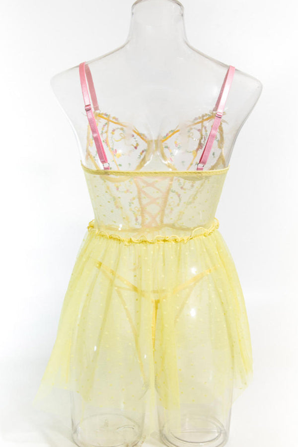 Yellow Sheer Floral Embroidered Babydoll