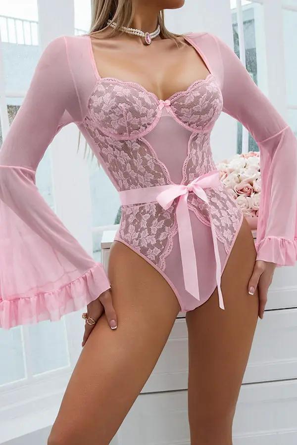 Romantic Pink Lace Mesh Bodysuit Lingerie Diva