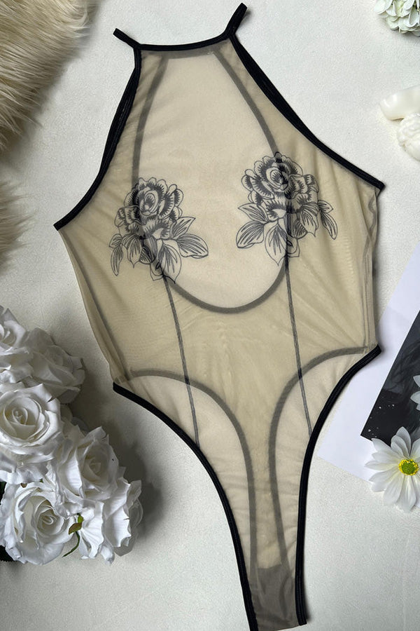 Sheer Mesh Rose Halter Bodysuit