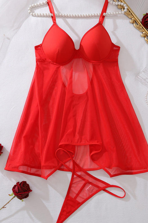 Sultry Red Sheer Mesh Babydoll Lingerie