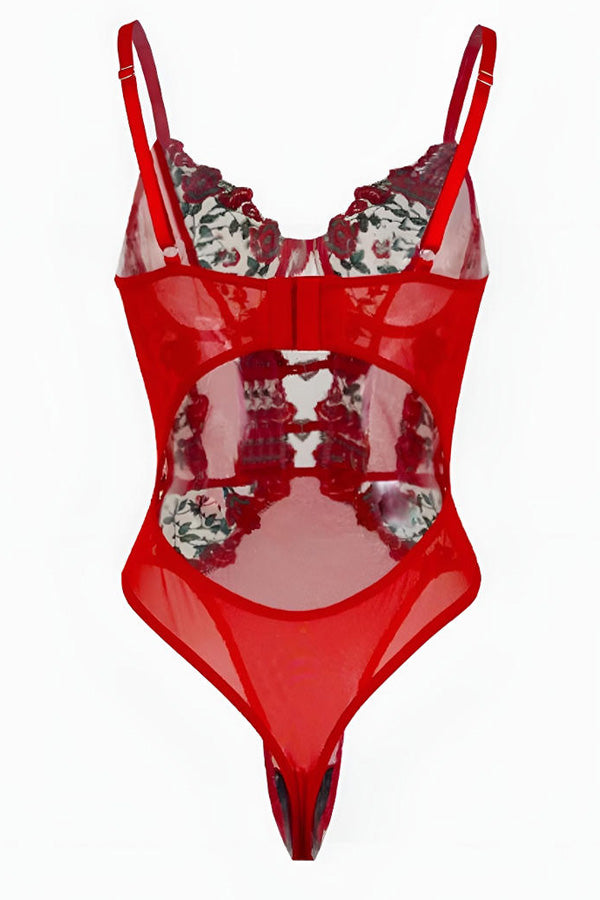 Red Rose Floral Lace Teddy Bodysuit
