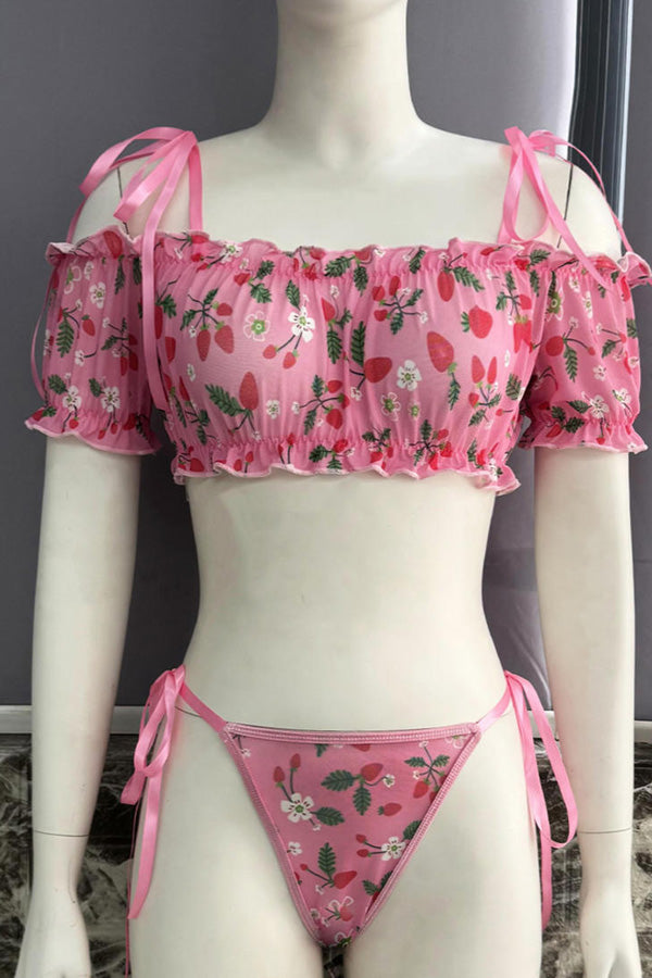 Pink Strawberry Off-Shoulder Lingerie Set