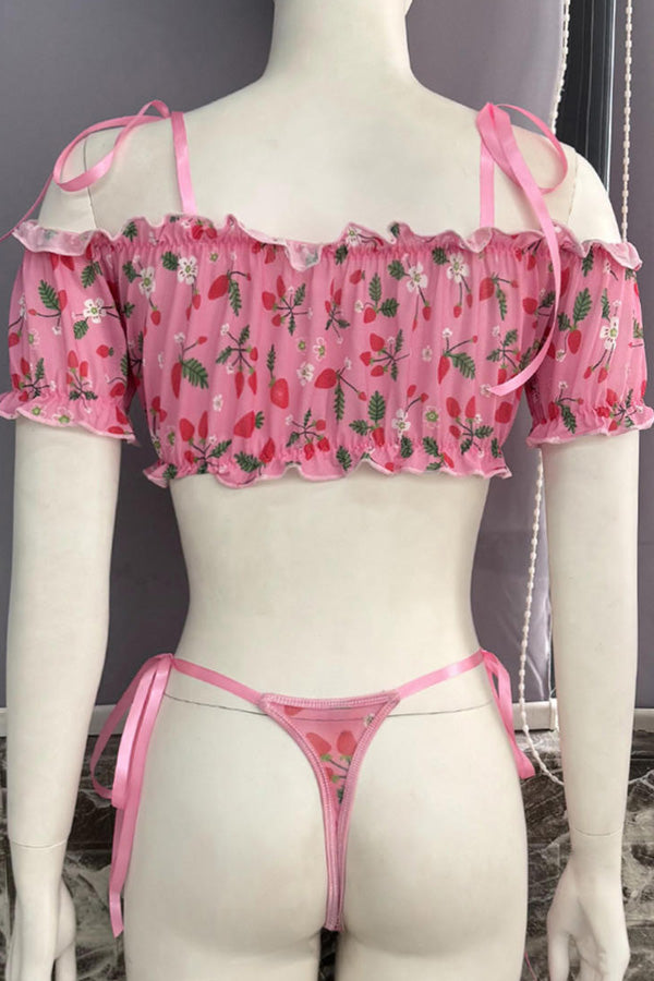 Pink Strawberry Off-Shoulder Lingerie Set