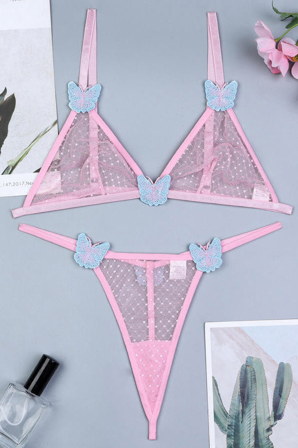 Pink Butterfly Mesh Bra Thong Set