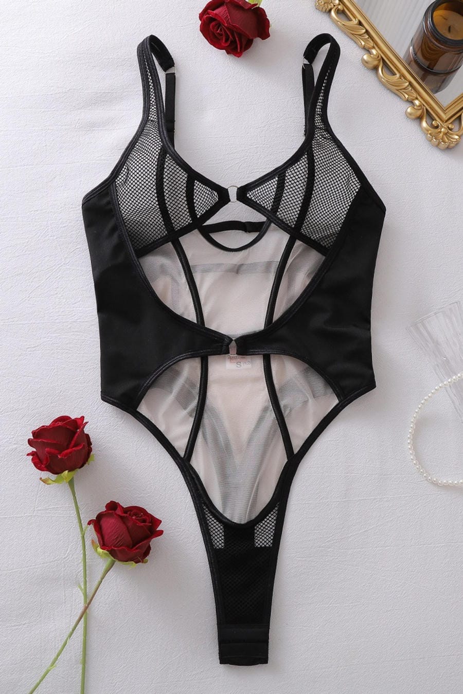 Black Sheer Mesh Cutout Teddy
