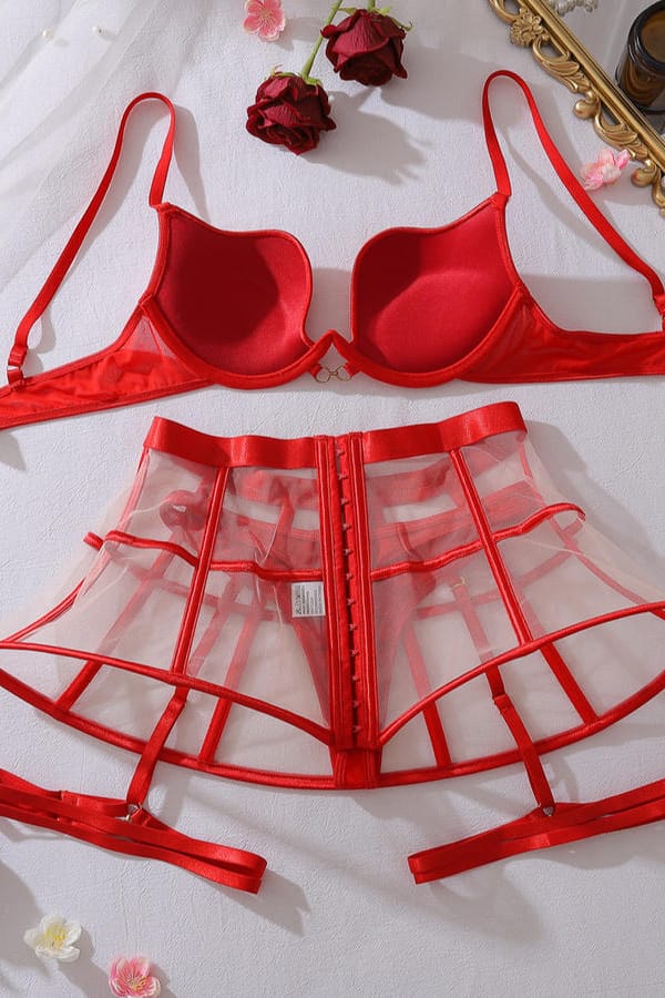 Red Bra Mesh Cage Garter Set