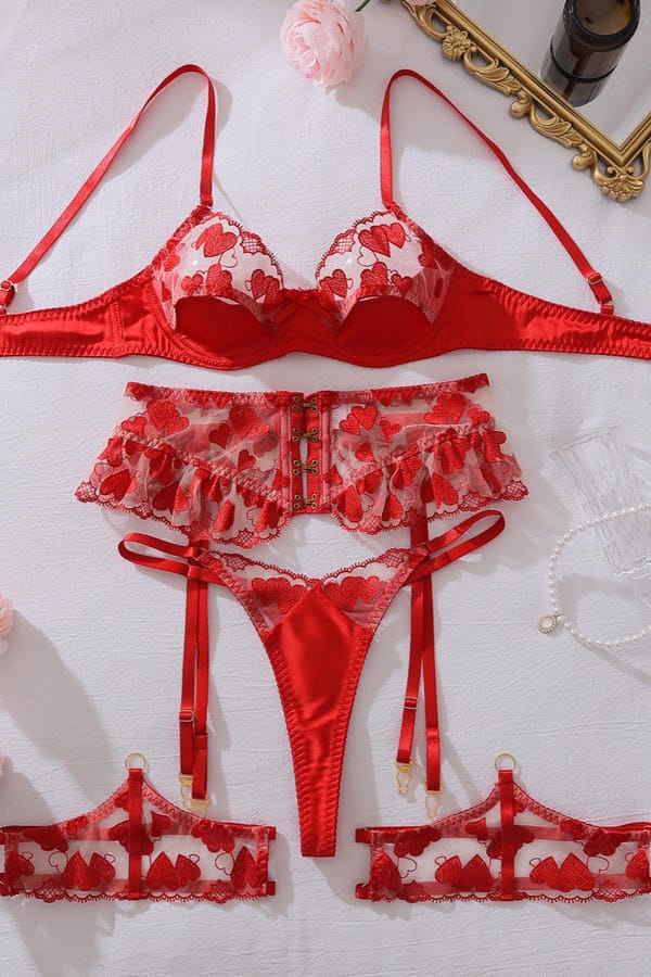 Red Heart Mesh Bra Garter Set