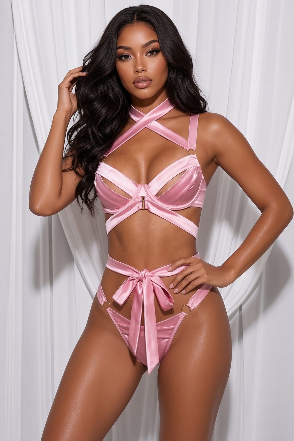 Pink Satin Crisscross Bra and Thong Set
