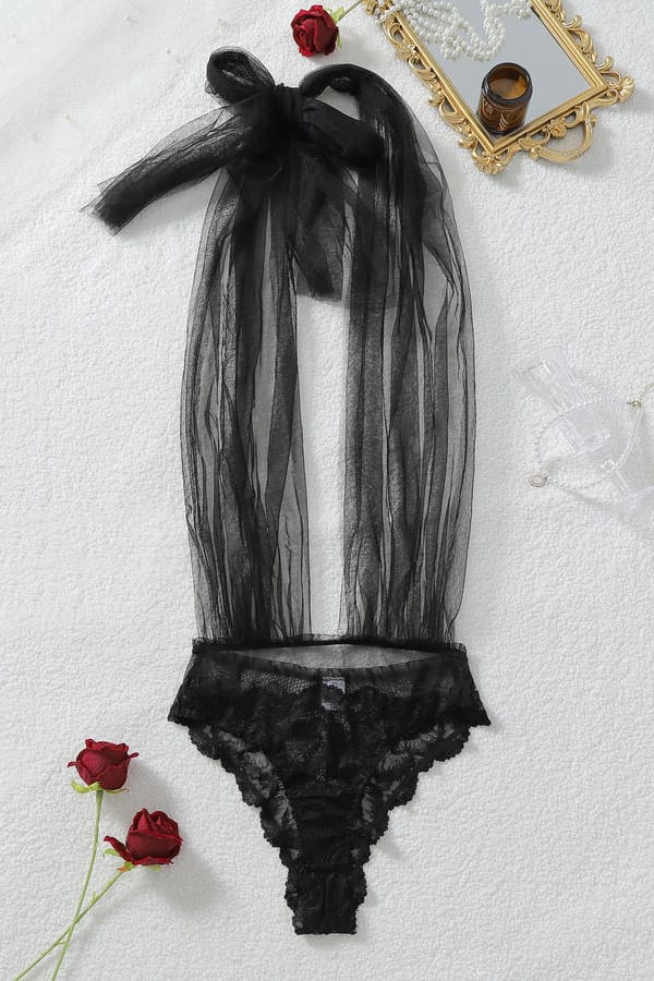 Black Sheer Mesh Halter Neck Teddy
