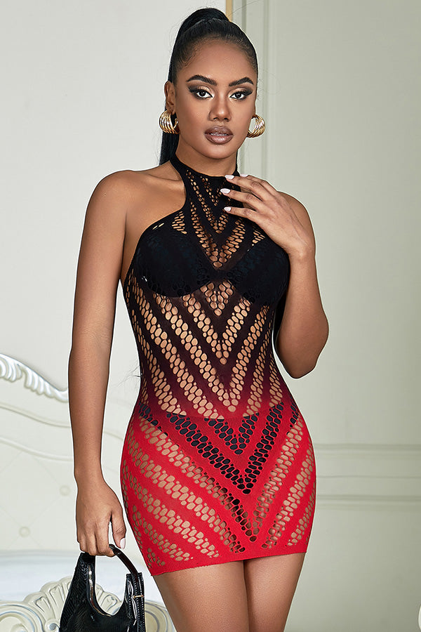 Black And Red Two-Color Gradient Stretchy Fishnet Chemise Dress