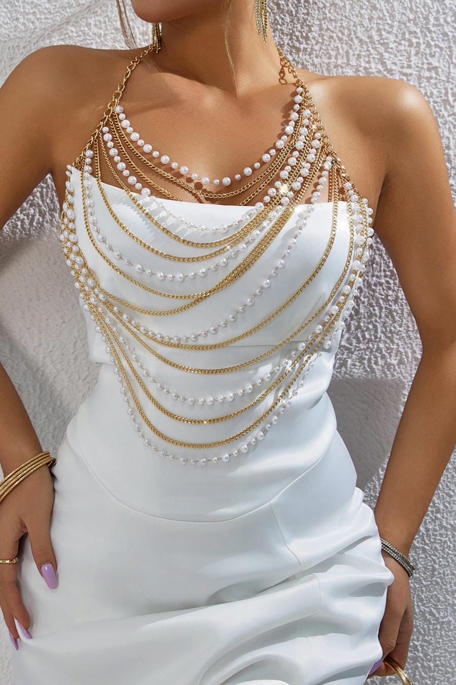Gold Multi-Layer Pearl Body Chain Necklace