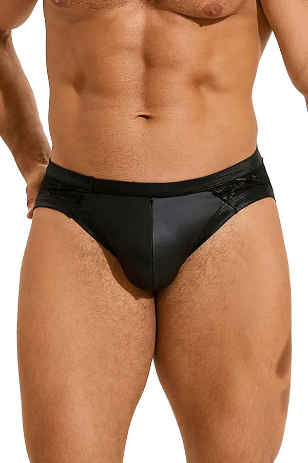 Men’s Black Faux Leather Lace Back Brief Lingerie Diva