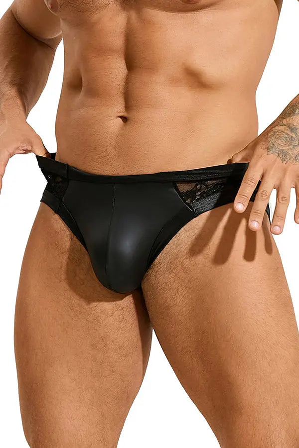 Men’s Black Faux Leather Lace Back Brief Lingerie Diva