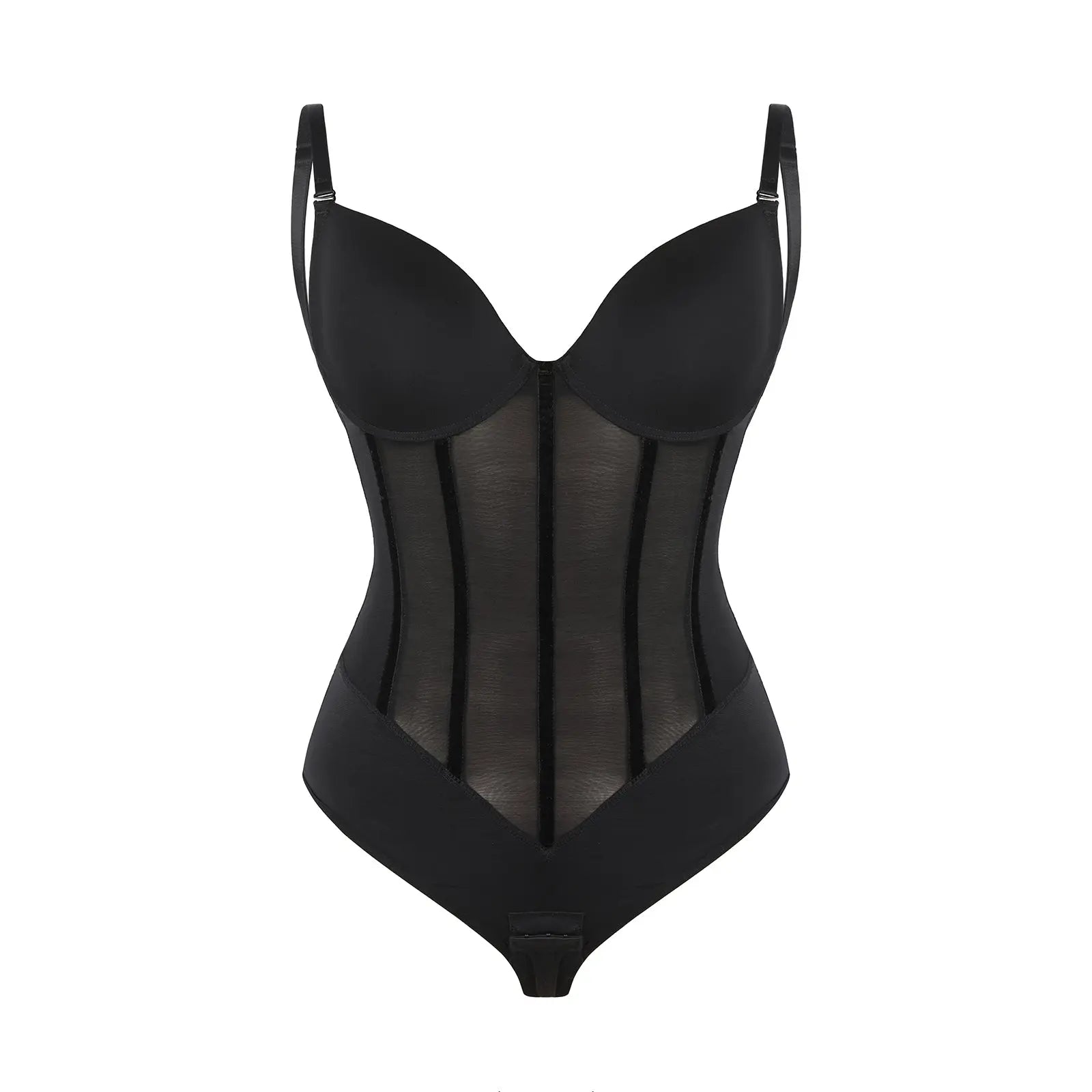 Black Plunge Backless Bodysuit Shaper With Built-In Bra And Velvet Boned Corset CocoLolos