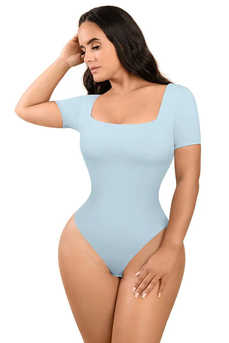 Powder Blue Square-Neck Short-Sleeve Tummy Control Shapewear Bodysuit CocoLolos