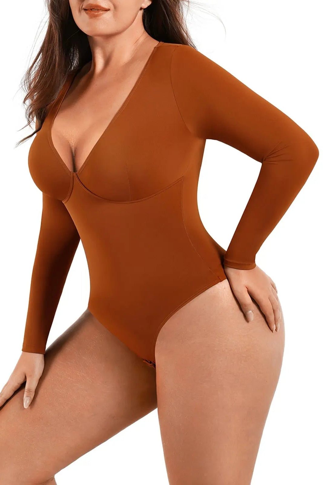 Cinnamon Long Sleeve Deep-V Contoured Control Bodysuit CocoLolos