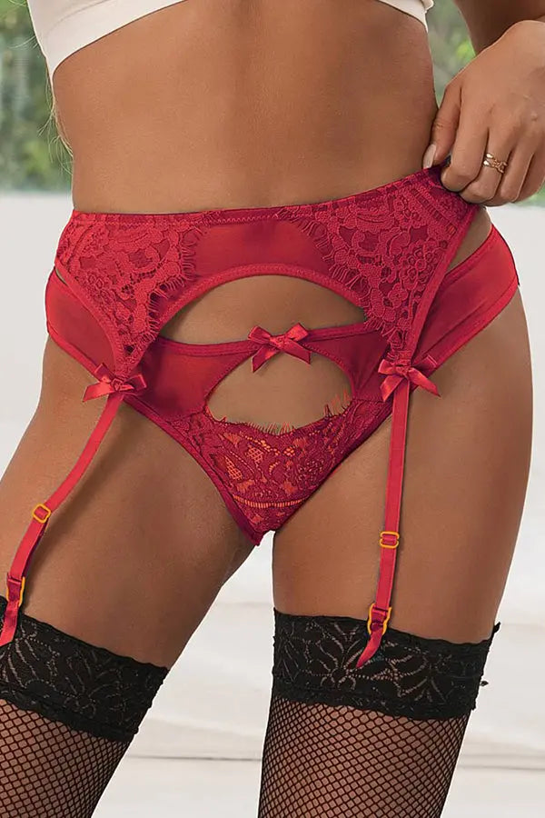 Plus Size Red Mesh and Lace Garter and Panty Set Lingerie Diva