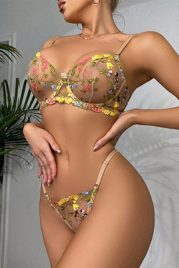 Floral Embroidery Underwire Bra and Thong Set