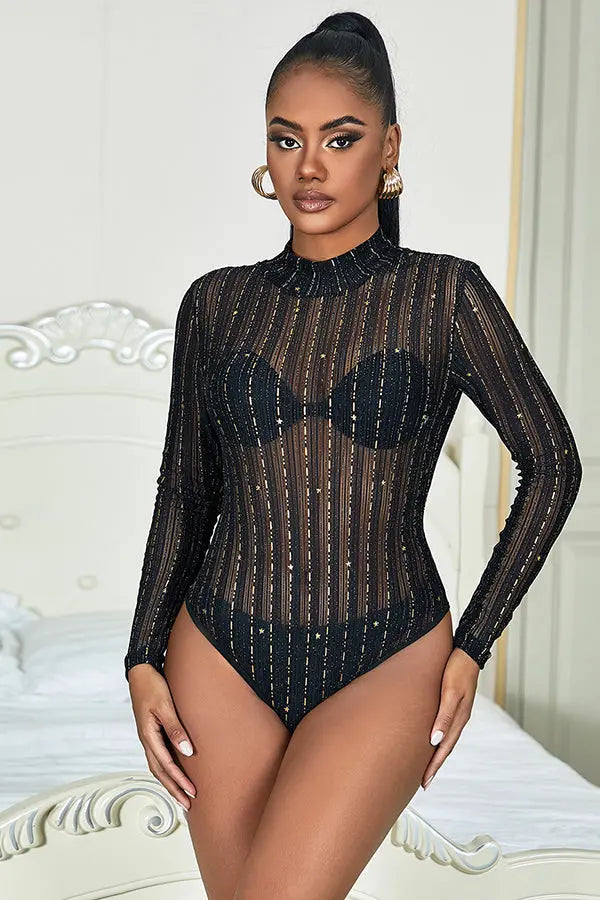 Black Long-Sleeved Mesh Star Bodysuit Lingerie Diva