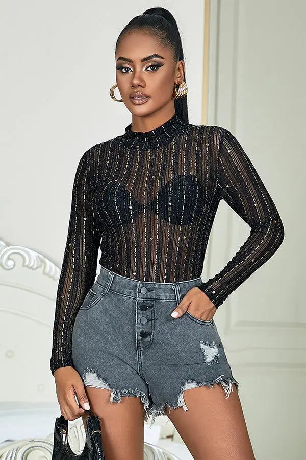 Black Long-Sleeved Mesh Star Bodysuit Lingerie Diva