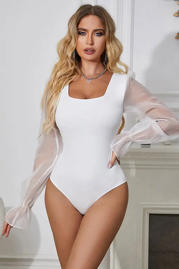 White Long Sleeve Stretch Bodysuit with Chiffon Sleeves Lingerie Diva