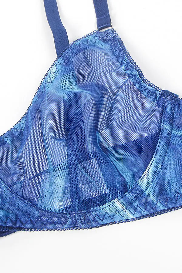 Blue Marbled Mesh Printed Sexy 5 Piece Bra Set Lingerie Diva