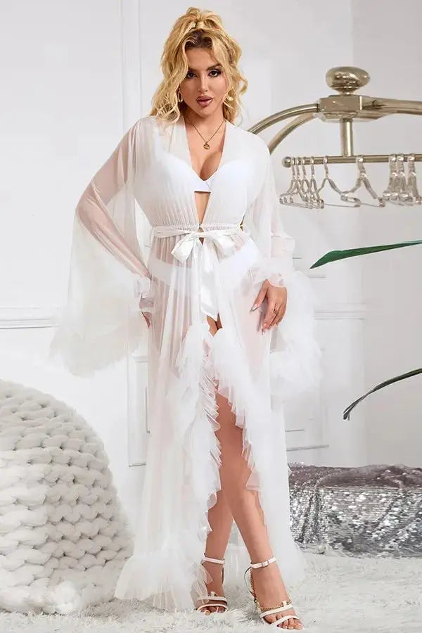 Elegant White Sheer Robe with Ruffled Trim Lingerie Diva