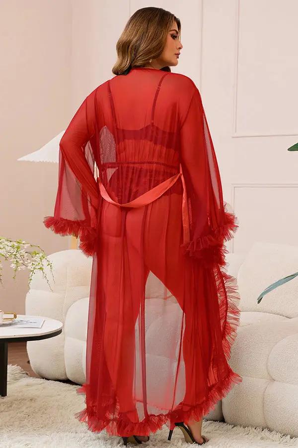 Plus Size Elegant Red Sheer Robe with Ruffled Trim Lingerie Diva