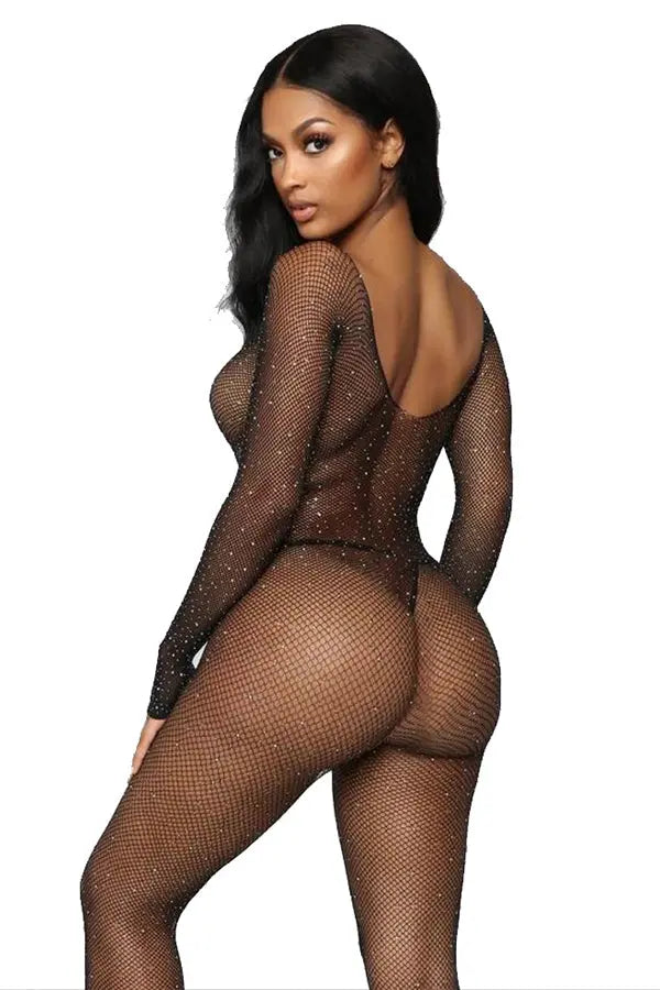 Rhinestone-Embellished Black Long Sleeve Bodystocking Velvet Kitten