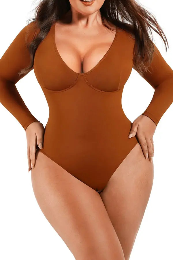 Cinnamon Long Sleeve Deep-V Contoured Control Bodysuit CocoLolos