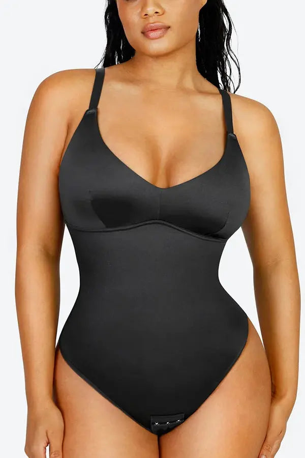 Elegant Satin Shimmer Black Contoured Shaping Bodysuit CocoLolos