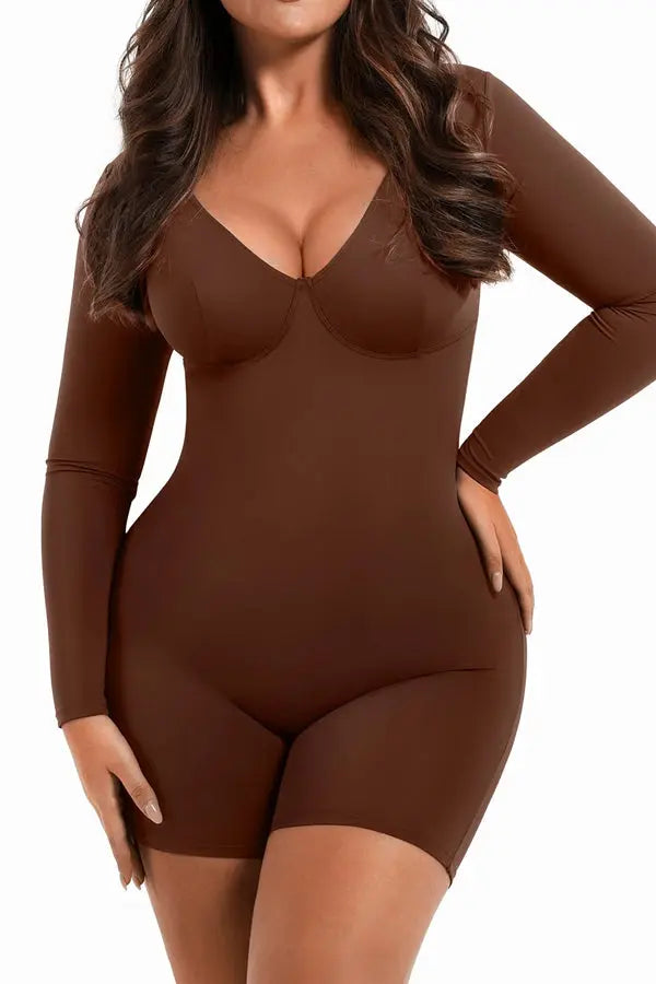 Mocha Deep V-Neck Shapewear With Slimming Compression and Mid Thigh Shorts CocoLolos
