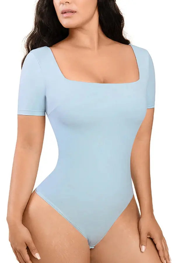 Powder Blue Square-Neck Short-Sleeve Tummy Control Shapewear Bodysuit CocoLolos