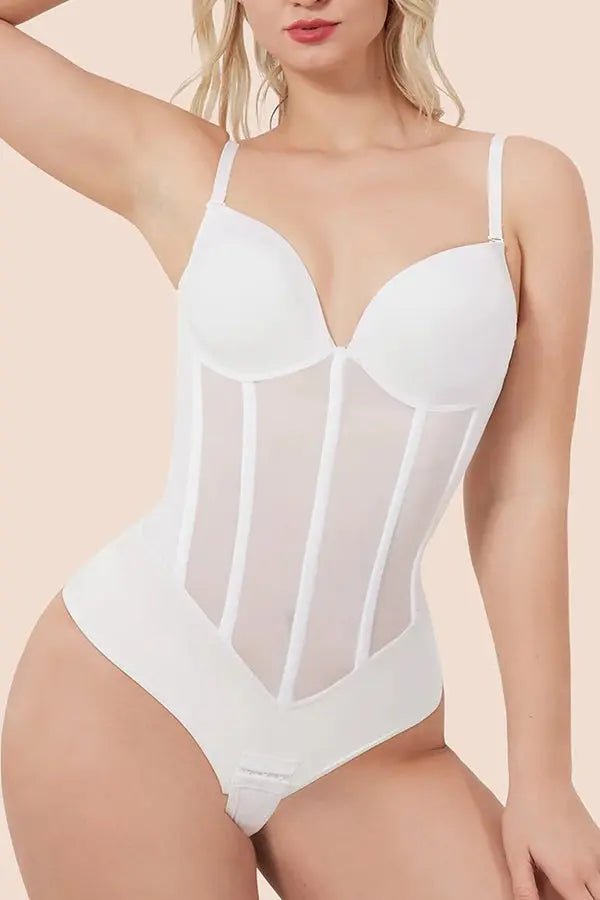 White Plunge Backless Bodysuit Shaper With Built-In Bra And Velvet Boned Corset CocoLolos