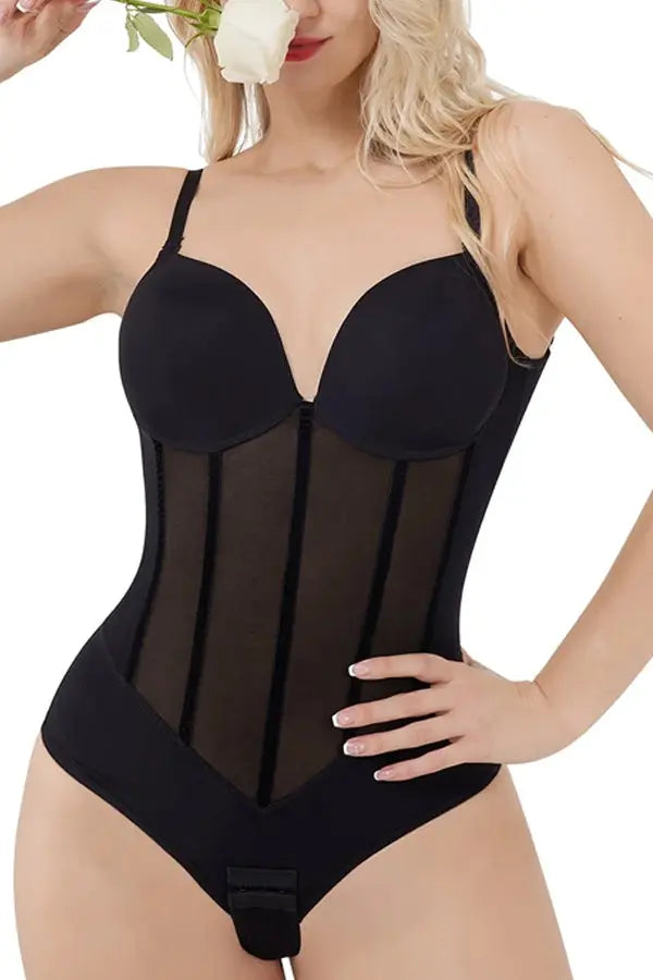 Black Plunge Backless Bodysuit Shaper With Built-In Bra And Velvet Boned Corset CocoLolos