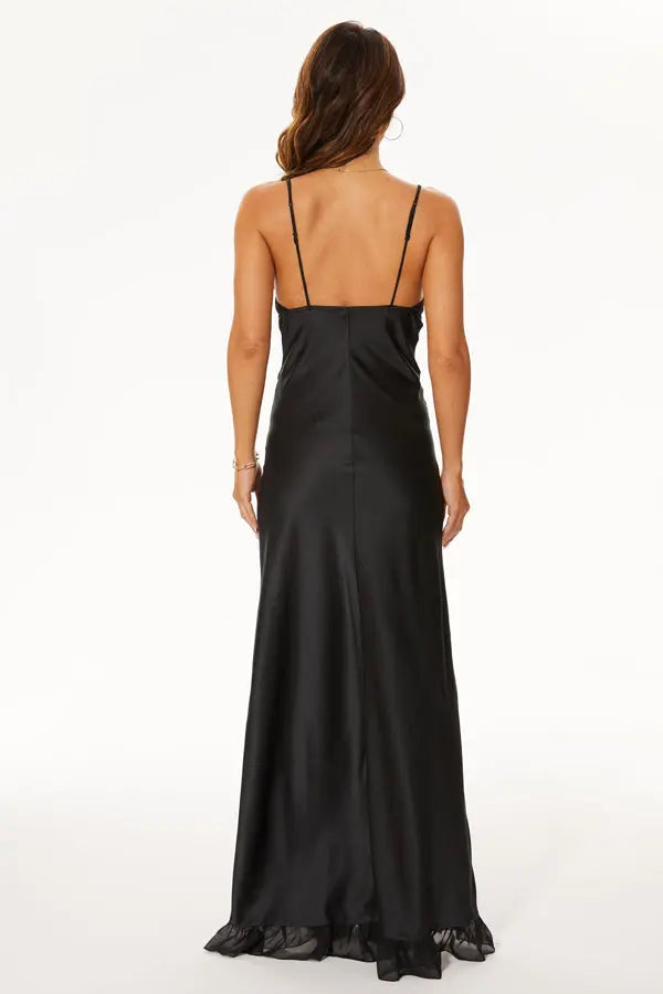 Black Satin Spaghetti Strap Ruffle Dress Velvet Kitten