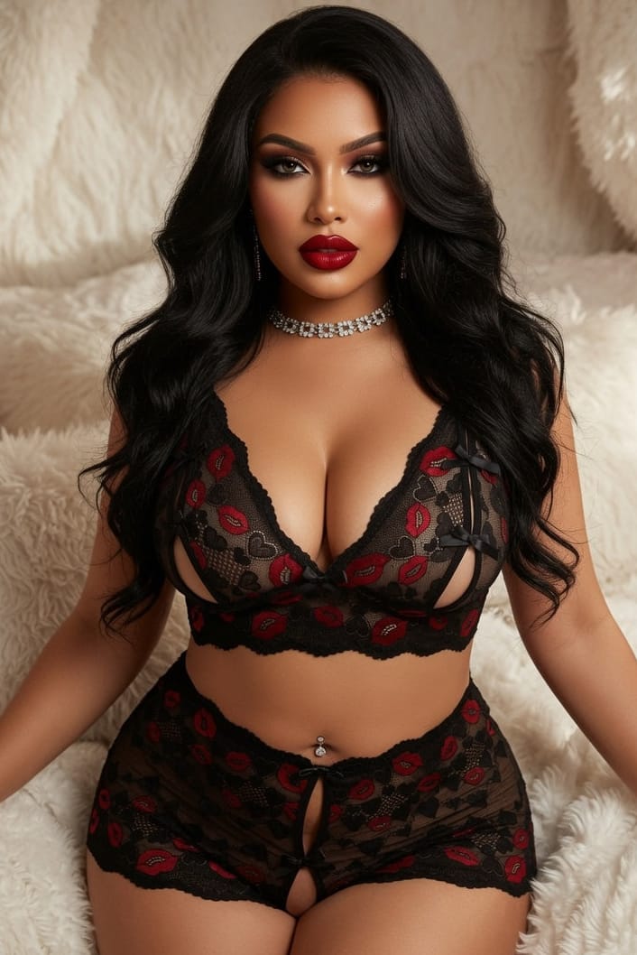 Plus Size Crotchless Black Lace Red Lips Set