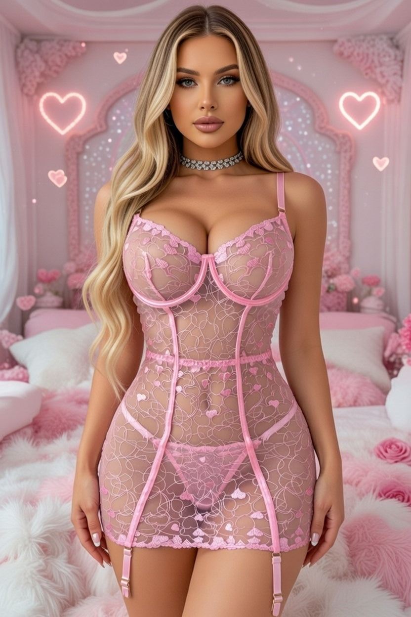 Pink Heart Embroidered Chemise Lingerie Diva