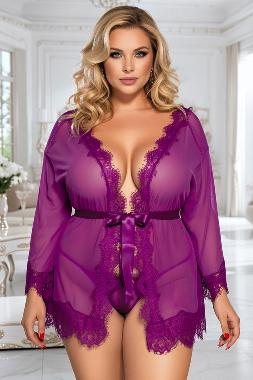 Plus Size Purple Sheer Lace Trim Robe With G-String