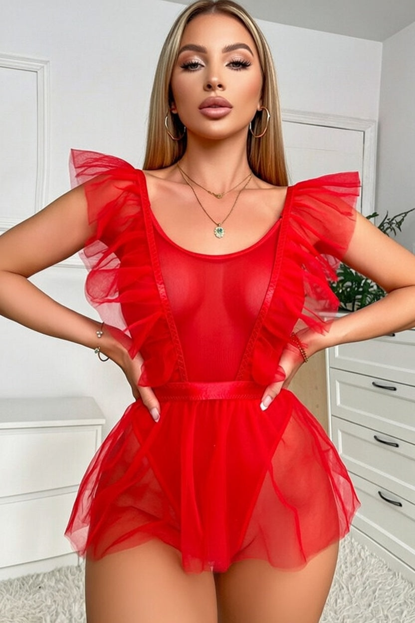 Sheer Ruffle Mesh Babydoll Teddy Set