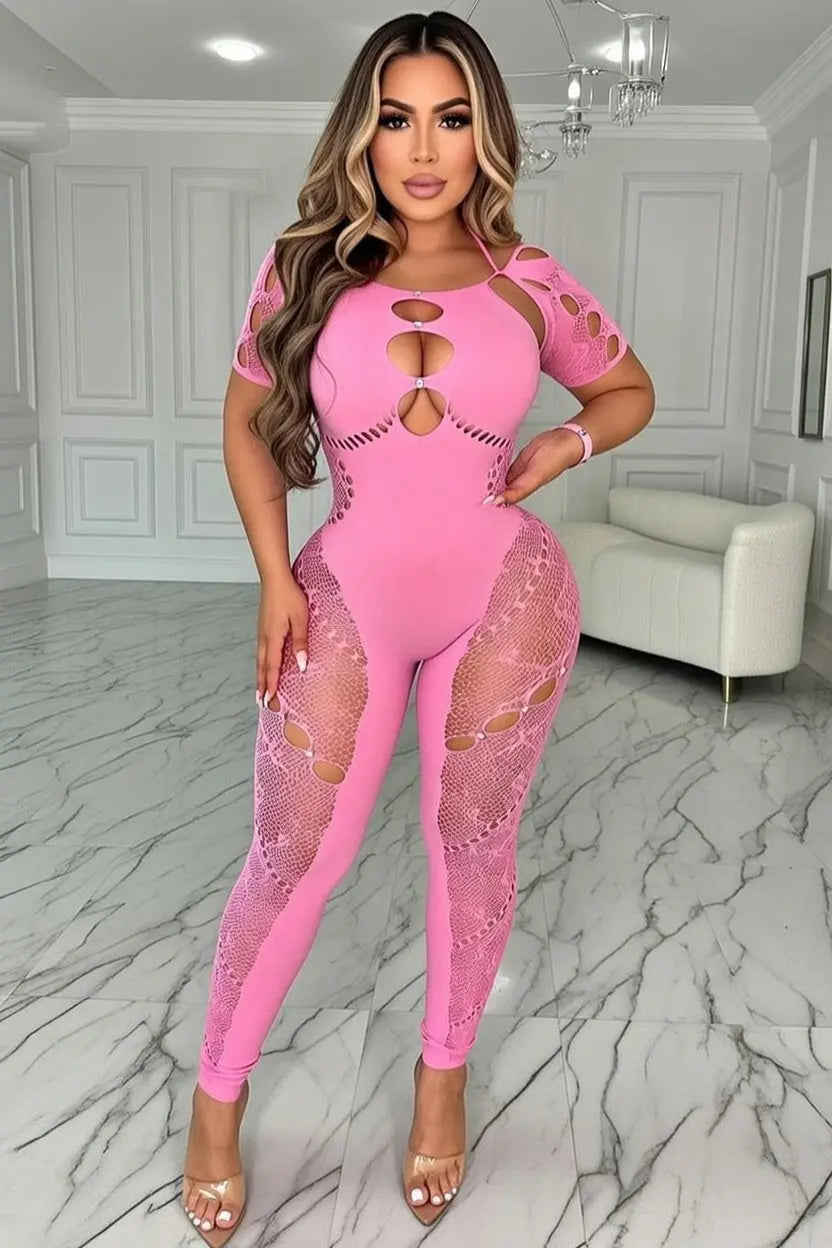Cutout Halter Neck Pink Bodystocking Lingerie Diva