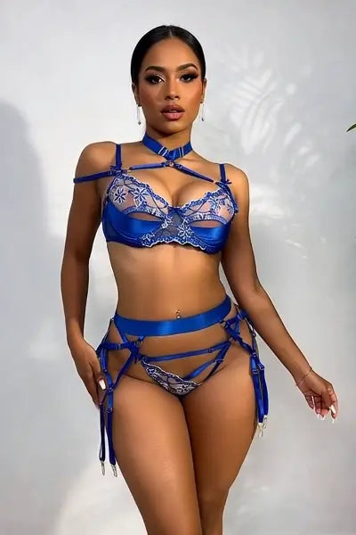 Blue Peek-A-Boo Satin and Lace Bra, Thong and Garter Set Velvet Kitten