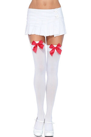 White And Red Opaque Thigh High With Bow