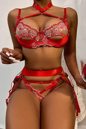 Red Peek-A-Boo Satin and Lace Bra, Thong and Garter Set Velvet Kitten