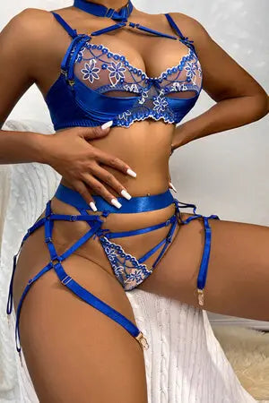 Blue Peek-A-Boo Satin and Lace Bra, Thong and Garter Set Velvet Kitten