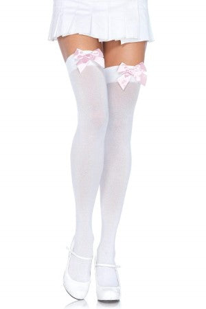 White and Pink Opaque Thigh High with Bow