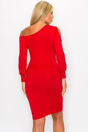 Red Half Heart Asymmetric Long Sleeve Midi Dress