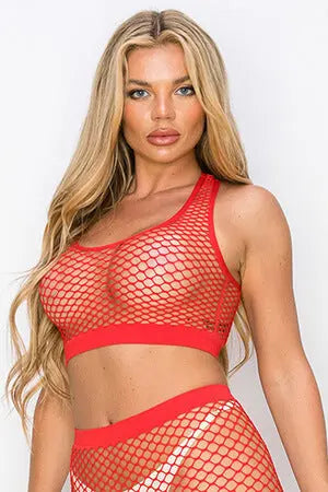 Red Seamless Fishnet Crop Top Yelete