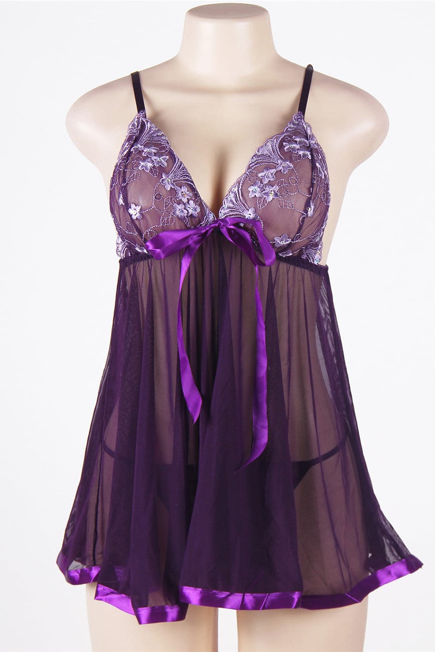 Plus Size Purple Sheer Mesh Babydoll